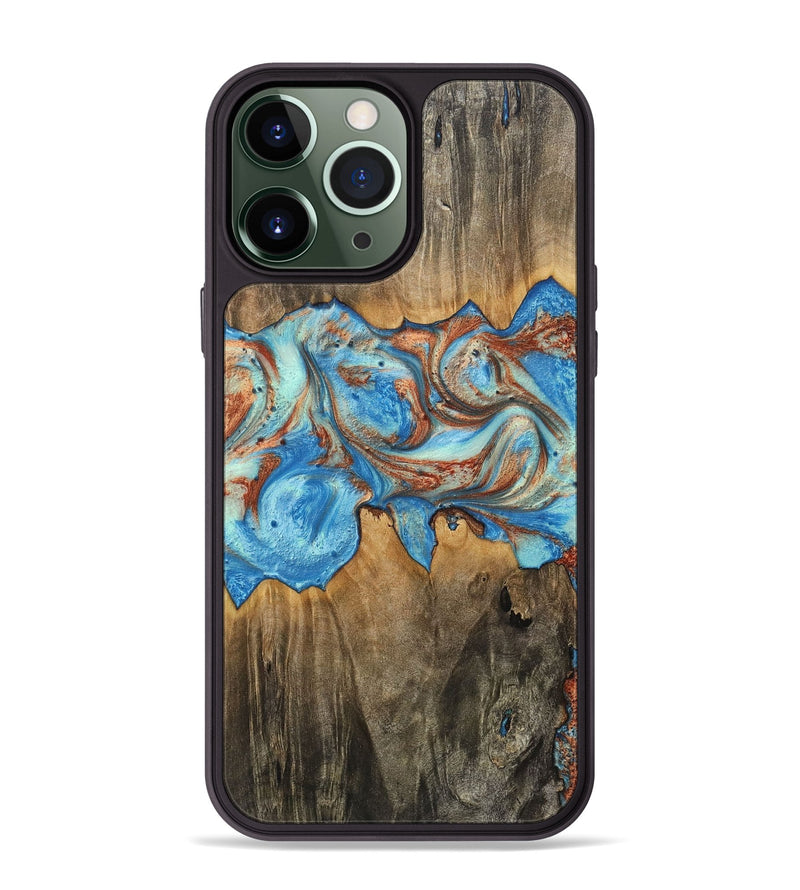 iPhone 13 Pro Max Wood+Resin Phone Case - Charlene (Teal & Gold, 717665)