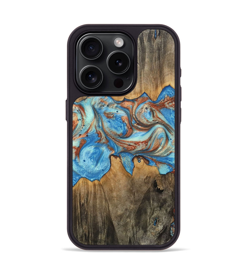 iPhone 15 Pro Wood+Resin Phone Case - Charlene (Teal & Gold, 717665)