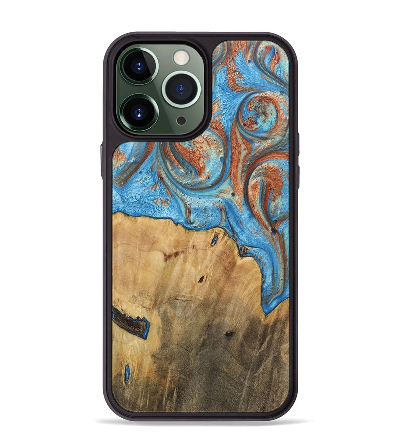 iPhone 13 Pro Max Wood+Resin Phone Case - Carlos (Teal & Gold, 717666)