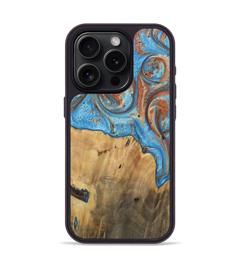 iPhone 15 Pro Wood+Resin Phone Case - Carlos (Teal & Gold, 717666)