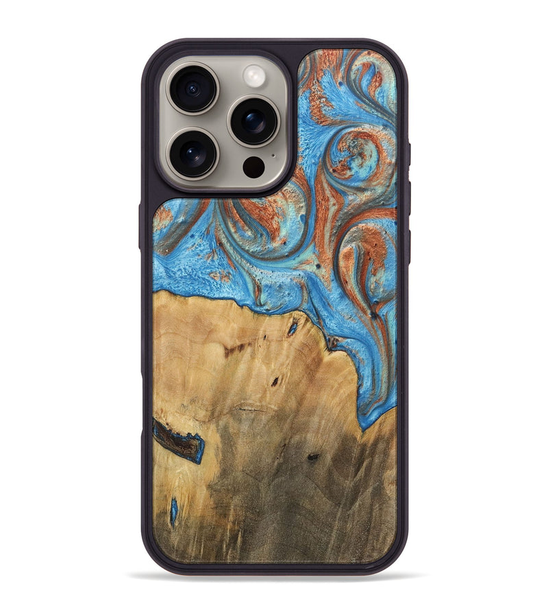 iPhone 16 Pro Max Wood+Resin Phone Case - Carlos (Teal & Gold, 717666)