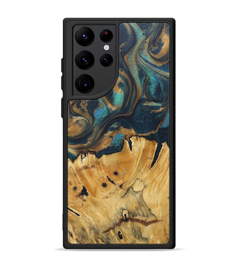 Galaxy S22 Ultra Wood+Resin Phone Case - Flora (Teal & Gold, 717667)