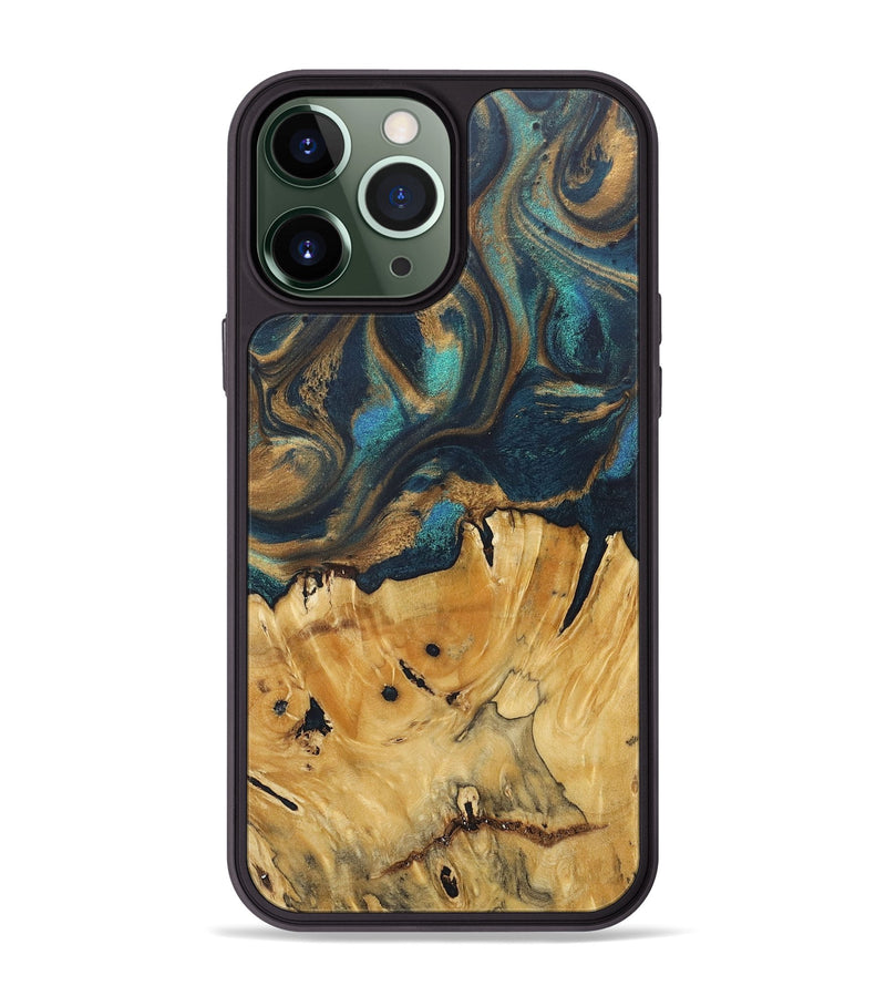 iPhone 13 Pro Max Wood+Resin Phone Case - Flora (Teal & Gold, 717667)