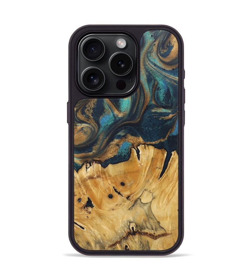 iPhone 15 Pro Wood+Resin Phone Case - Flora (Teal & Gold, 717667)