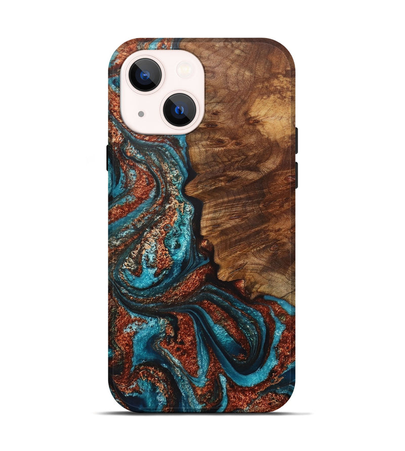 iPhone 14 Wood+Resin Live Edge Phone Case - Lyla (Teal & Gold, 717923)