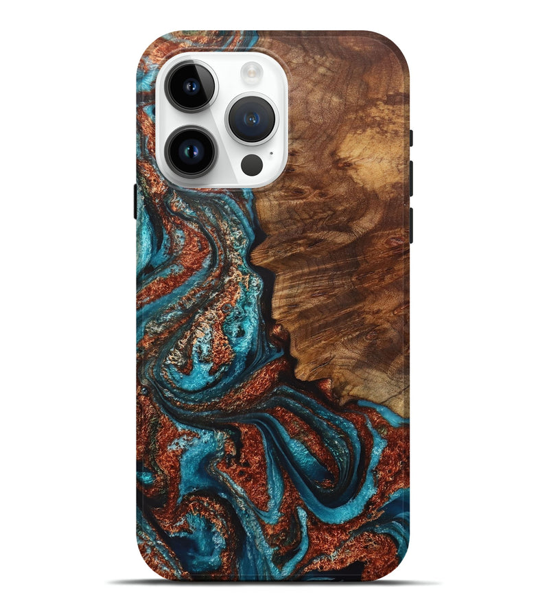 iPhone 15 Pro Max Wood+Resin Live Edge Phone Case - Lyla (Teal & Gold, 717923)