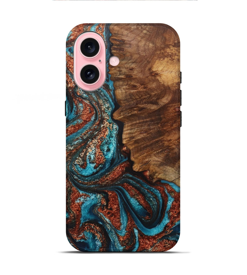 iPhone 16 Wood+Resin Live Edge Phone Case - Lyla (Teal & Gold, 717923)