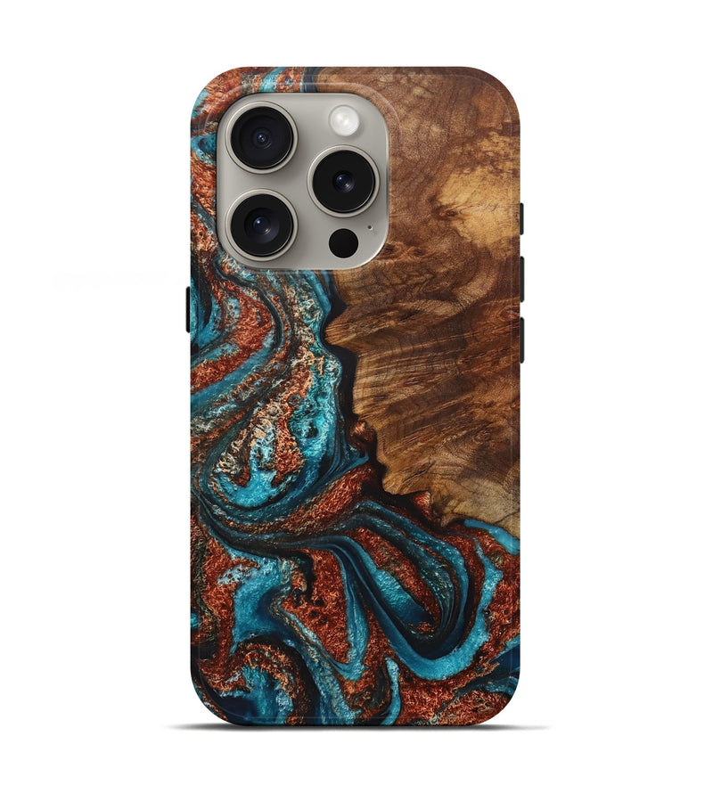 iPhone 16 Pro Wood+Resin Live Edge Phone Case - Lyla (Teal & Gold, 717923)