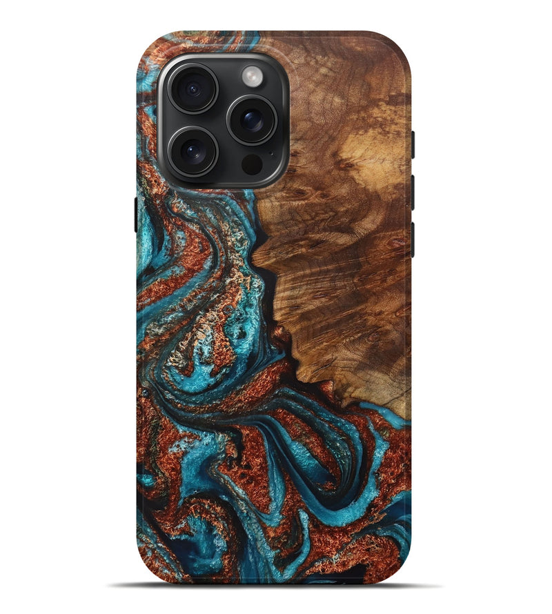 iPhone 16 Pro Max Wood+Resin Live Edge Phone Case - Lyla (Teal & Gold, 717923)