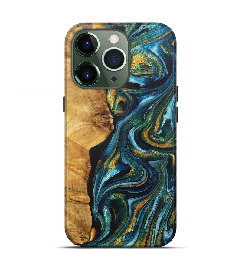 iPhone 13 Pro Wood+Resin Live Edge Phone Case - Earl (Teal & Gold, 717926)