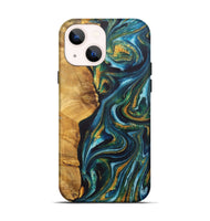 iPhone 14 Wood+Resin Live Edge Phone Case - Earl (Teal & Gold, 717926)