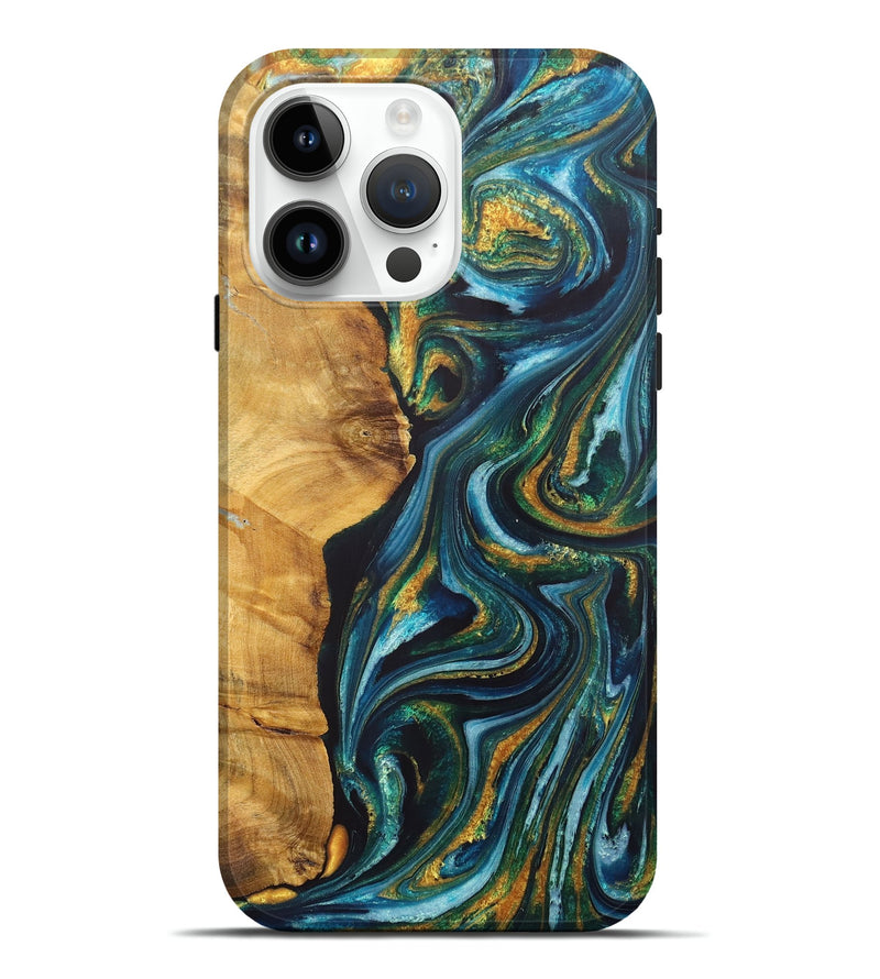 iPhone 15 Pro Max Wood+Resin Live Edge Phone Case - Earl (Teal & Gold, 717926)