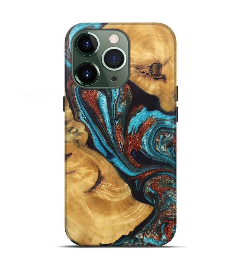 iPhone 13 Pro Wood+Resin Live Edge Phone Case - Kehlani (Teal & Gold, 717930)