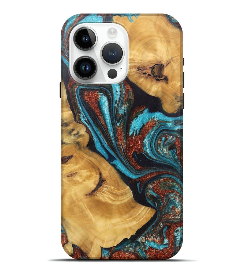 iPhone 15 Pro Max Wood+Resin Live Edge Phone Case - Kehlani (Teal & Gold, 717930)