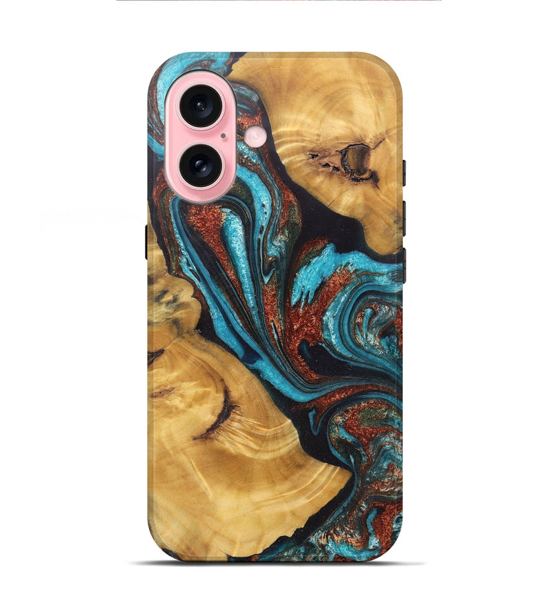 iPhone 16 Wood+Resin Live Edge Phone Case - Kehlani (Teal & Gold, 717930)