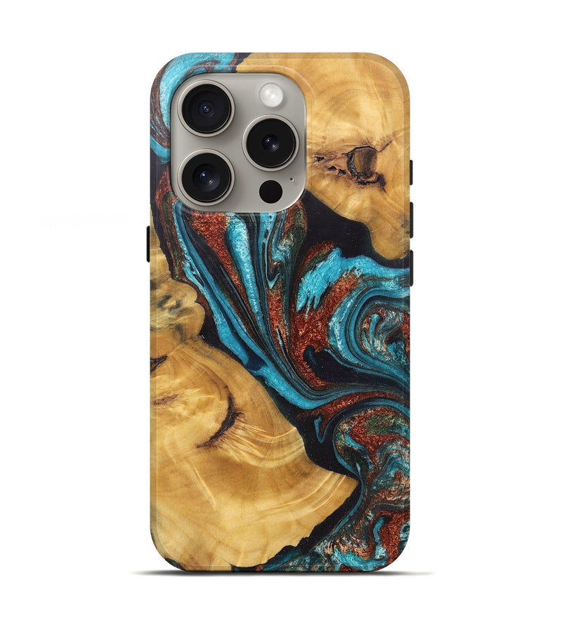 iPhone 16 Pro Wood+Resin Live Edge Phone Case - Kehlani (Teal & Gold, 717930)