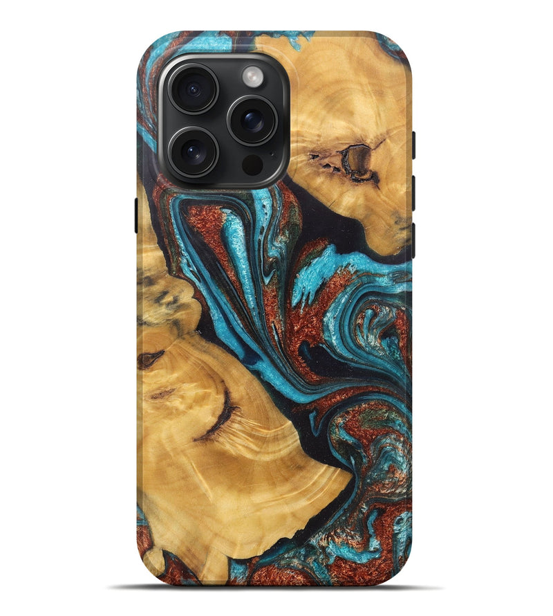 iPhone 16 Pro Max Wood+Resin Live Edge Phone Case - Kehlani (Teal & Gold, 717930)