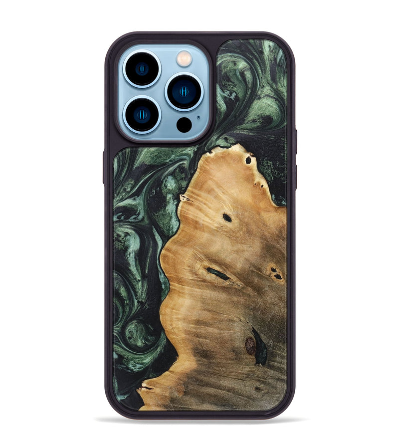 iPhone 14 Pro Max Wood+Resin Phone Case - Mabel (Green, 718057)