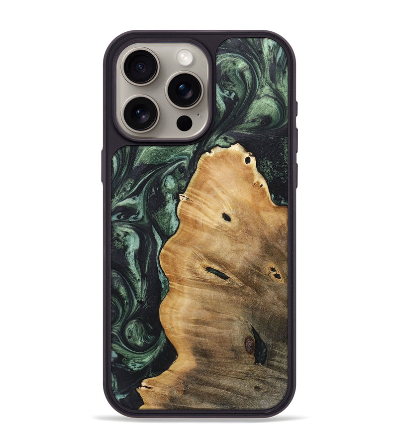 iPhone 15 Pro Max Wood+Resin Phone Case - Mabel (Green, 718057)