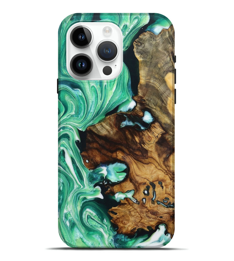 iPhone 15 Pro Max Wood+Resin Live Edge Phone Case - Kara (Green, 718234)