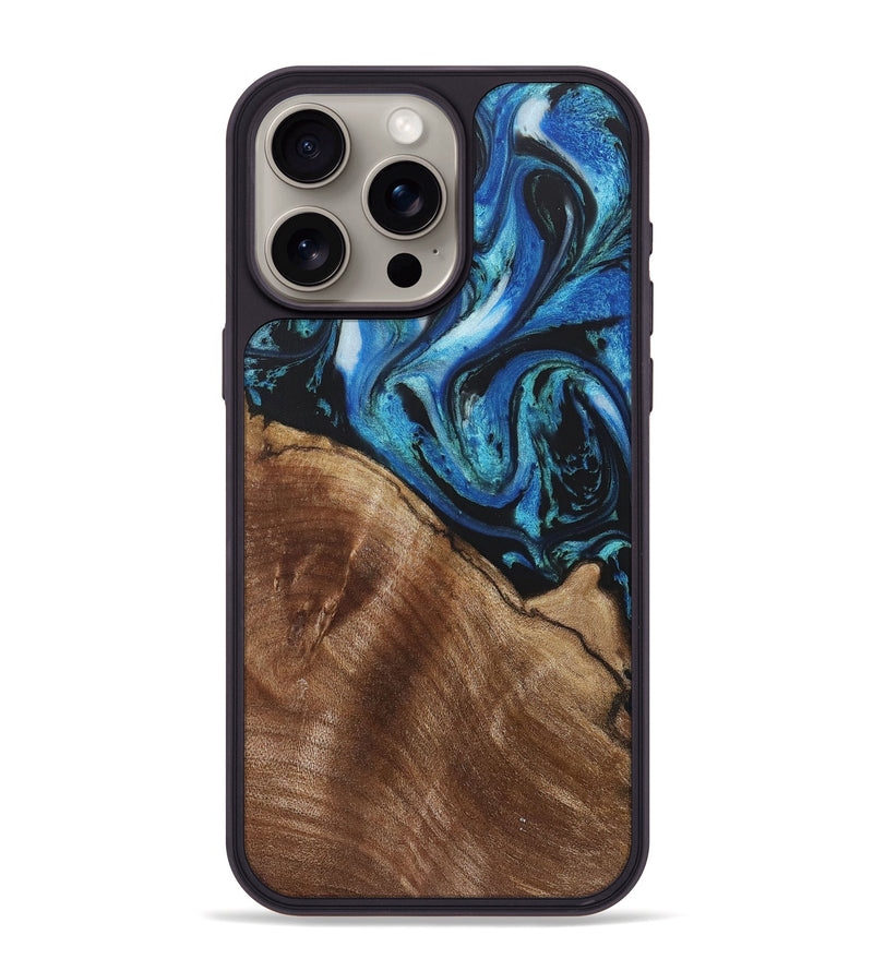 iPhone 15 Pro Max Wood+Resin Phone Case - Pamela (Blue, 718641)