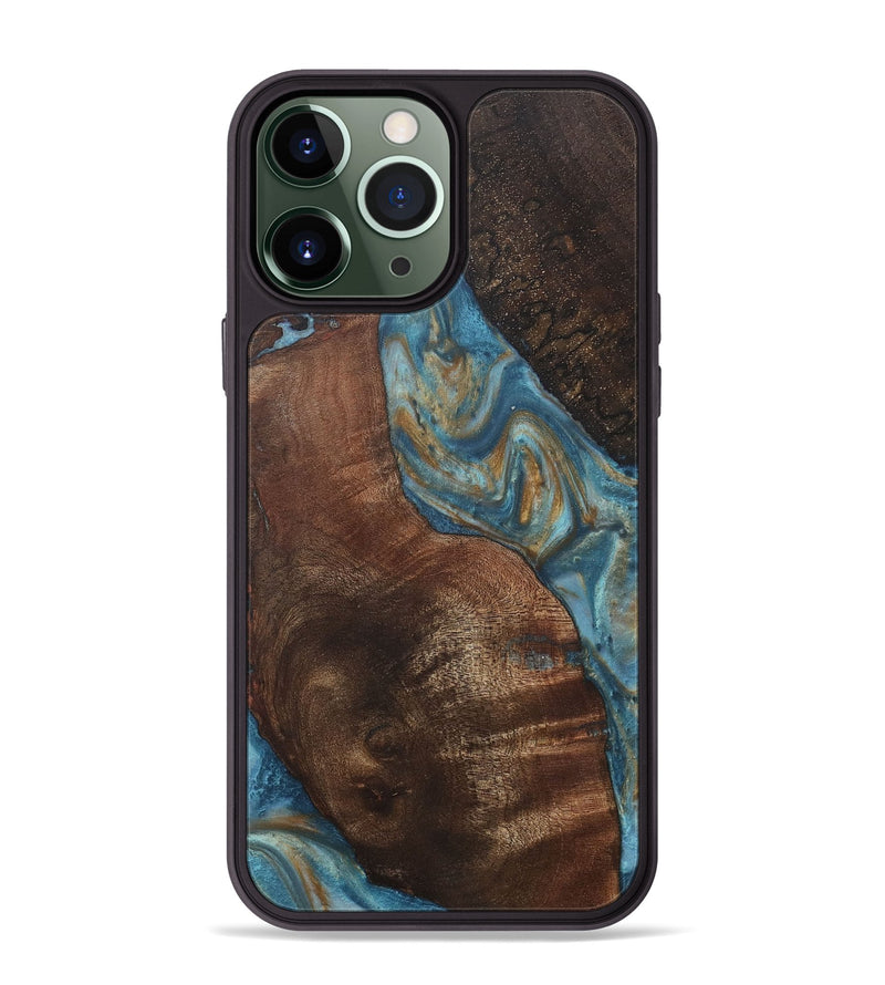 iPhone 13 Pro Max Wood+Resin Phone Case - Lucia (Teal & Gold, 718714)