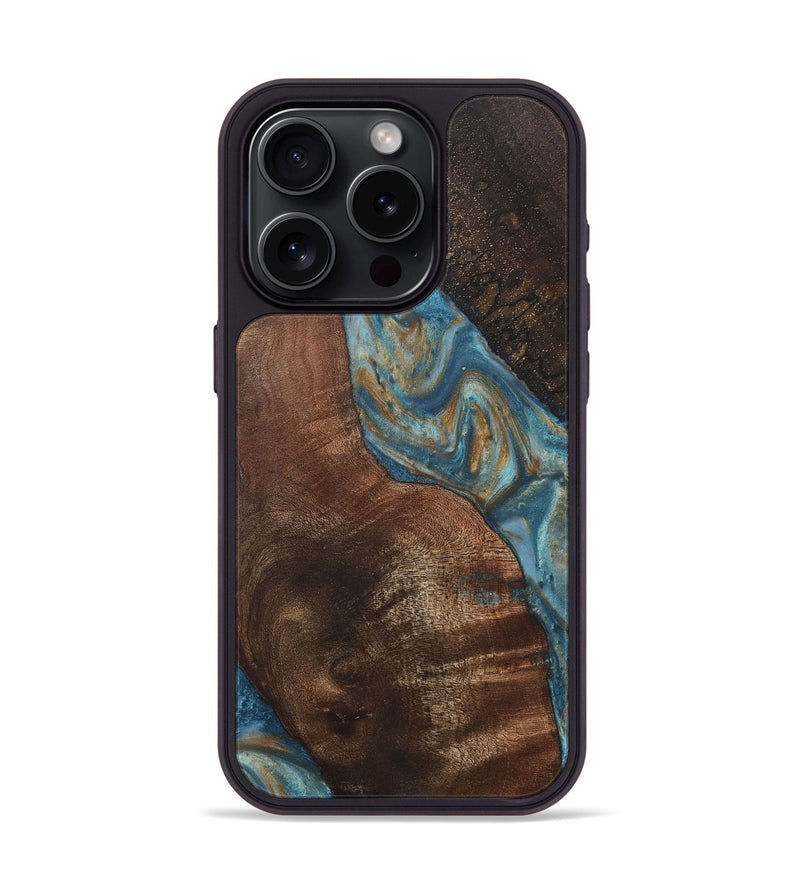 iPhone 15 Pro Wood+Resin Phone Case - Lucia (Teal & Gold, 718714)