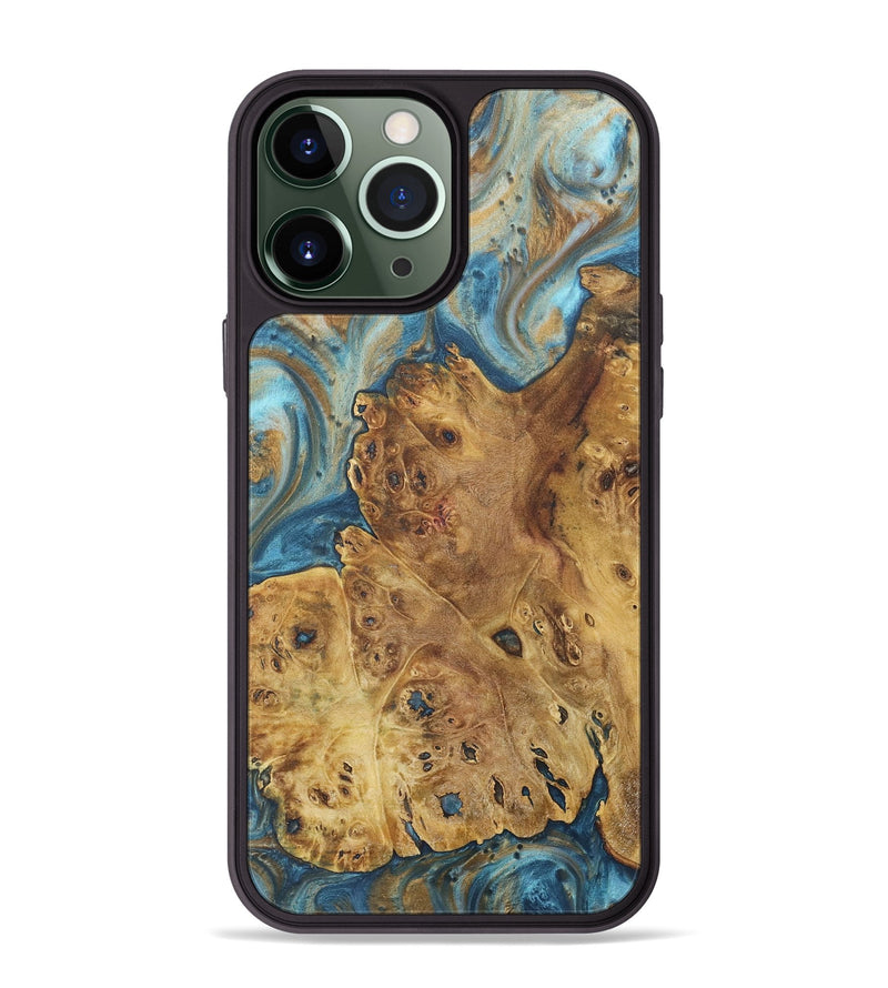 iPhone 13 Pro Max Wood+Resin Phone Case - Judy (Teal & Gold, 718717)