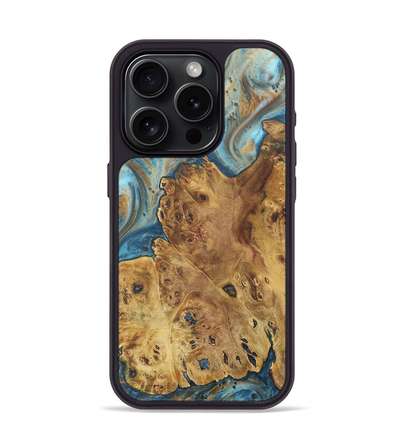 iPhone 15 Pro Wood+Resin Phone Case - Judy (Teal & Gold, 718717)