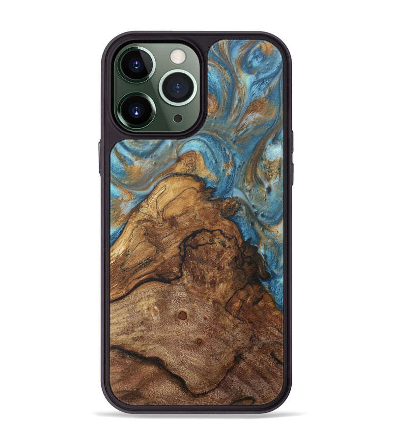 iPhone 13 Pro Max Wood+Resin Phone Case - Cathleen (Teal & Gold, 718718)