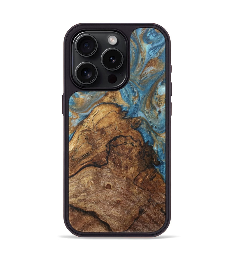 iPhone 15 Pro Wood+Resin Phone Case - Cathleen (Teal & Gold, 718718)