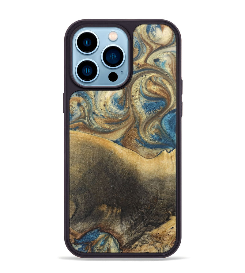 iPhone 14 Pro Max Wood+Resin Phone Case - Jenny (Teal & Gold, 718719)