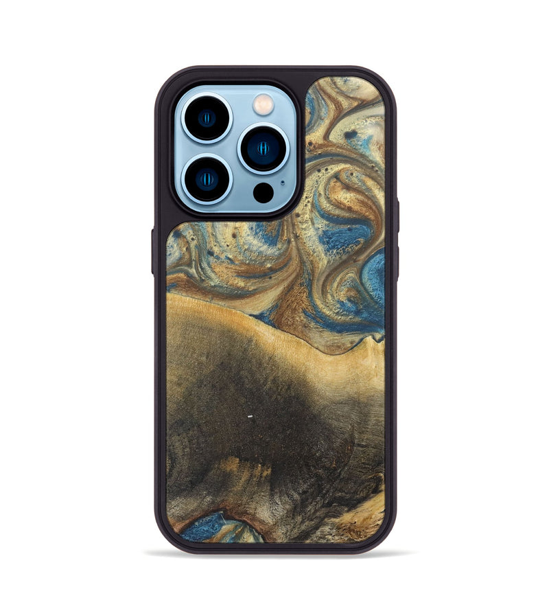 iPhone 14 Pro Wood+Resin Phone Case - Jenny (Teal & Gold, 718719)