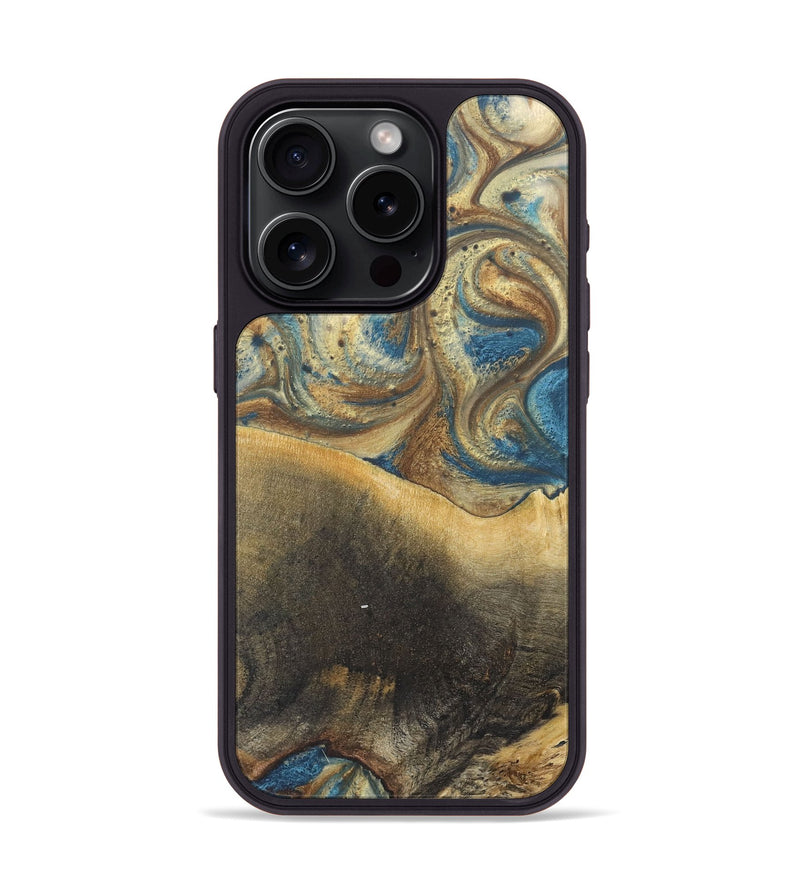 iPhone 15 Pro Wood+Resin Phone Case - Jenny (Teal & Gold, 718719)