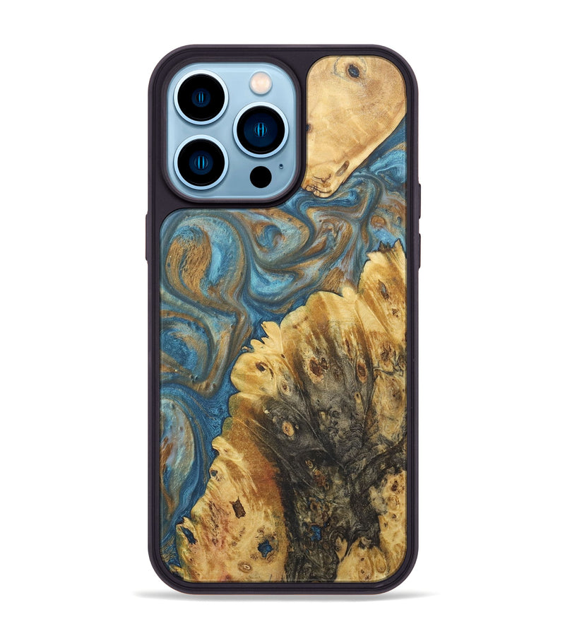 iPhone 14 Pro Max Wood+Resin Phone Case - Colleen (Teal & Gold, 718720)