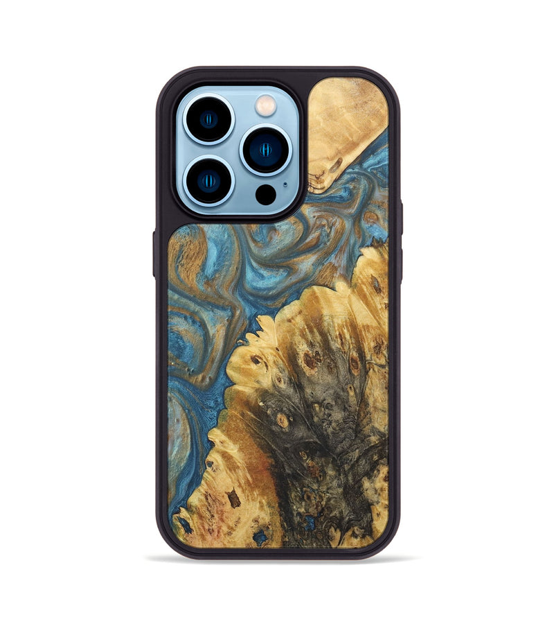 iPhone 14 Pro Wood+Resin Phone Case - Colleen (Teal & Gold, 718720)