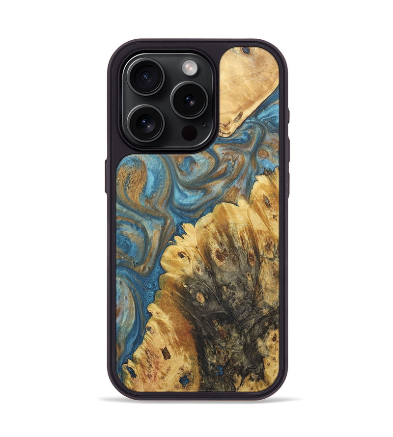 iPhone 15 Pro Wood+Resin Phone Case - Colleen (Teal & Gold, 718720)