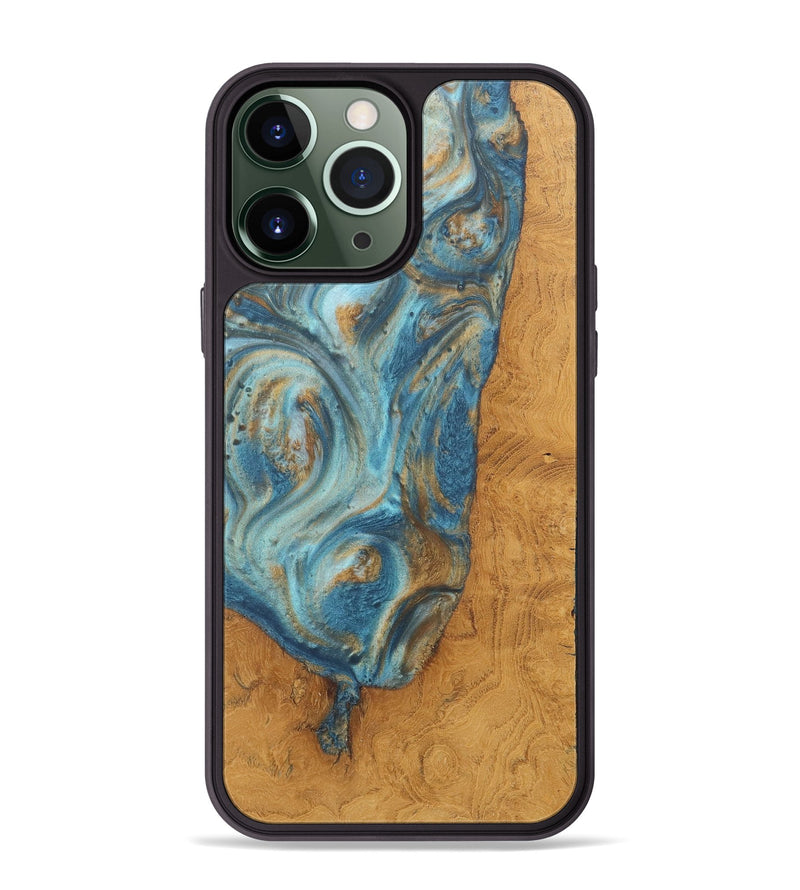 iPhone 13 Pro Max Wood+Resin Phone Case - Roy (Teal & Gold, 718721)