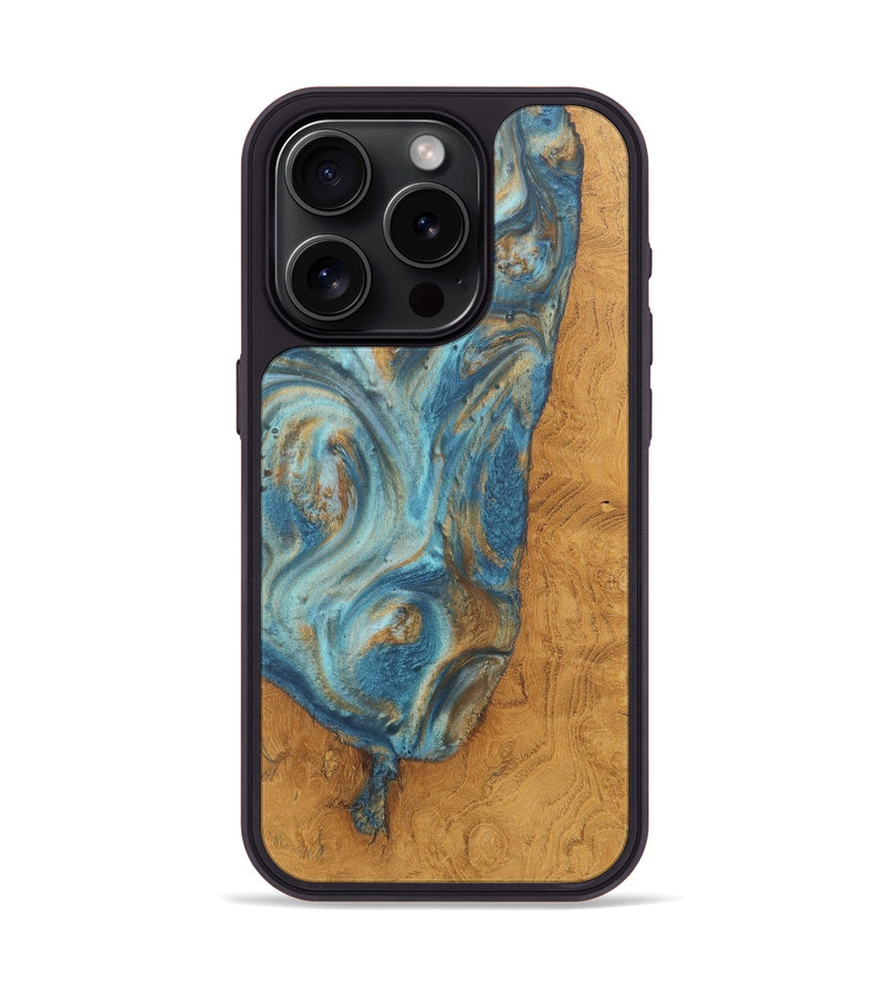 iPhone 15 Pro Wood+Resin Phone Case - Roy (Teal & Gold, 718721)