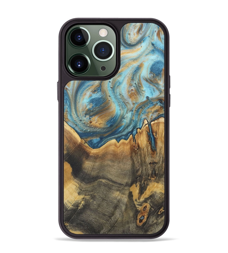 iPhone 13 Pro Max Wood+Resin Phone Case - Leonard (Teal & Gold, 718723)