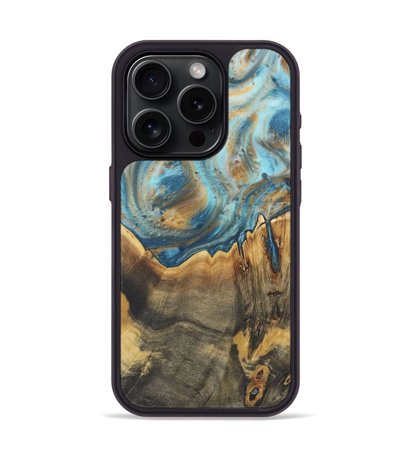 iPhone 15 Pro Wood+Resin Phone Case - Leonard (Teal & Gold, 718723)