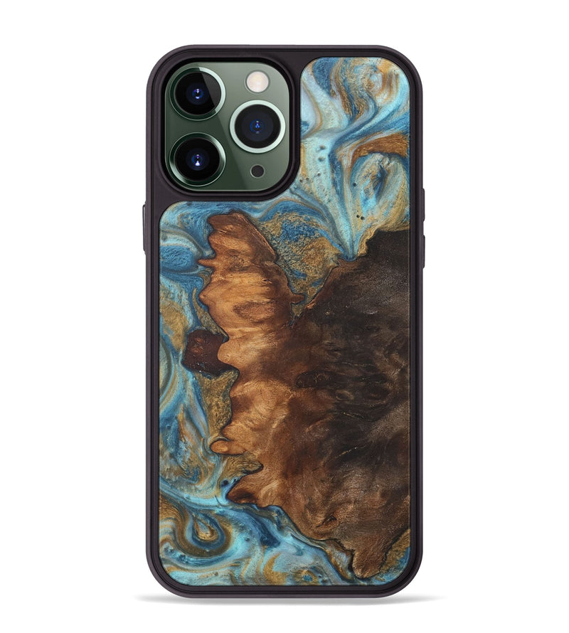 iPhone 13 Pro Max Wood+Resin Phone Case - Elise (Teal & Gold, 718729)