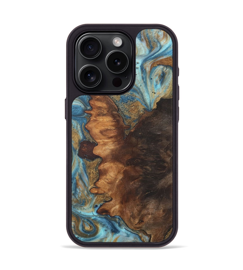 iPhone 15 Pro Wood+Resin Phone Case - Elise (Teal & Gold, 718729)