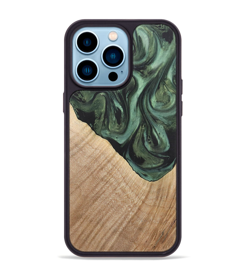 iPhone 14 Pro Max Wood+Resin Phone Case - Mattie (Green, 718914)