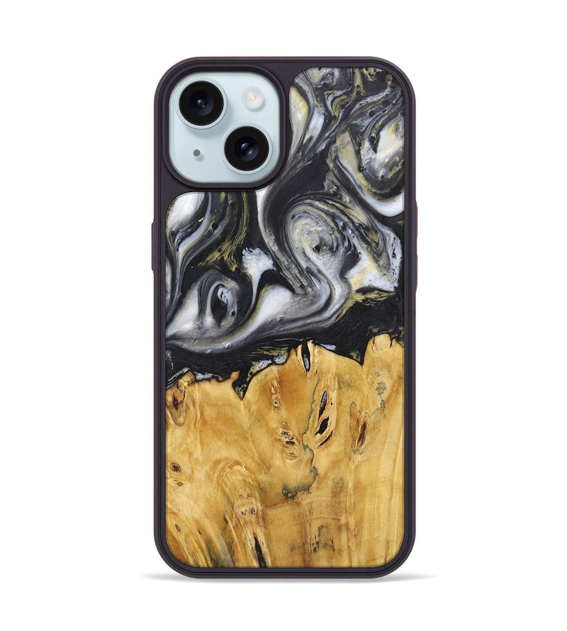 iPhone 15 Wood+Resin Phone Case - Stephanie (Black & White, 718943)