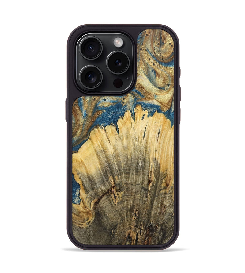 iPhone 15 Pro Wood+Resin Phone Case - Amora (Teal & Gold, 718952)