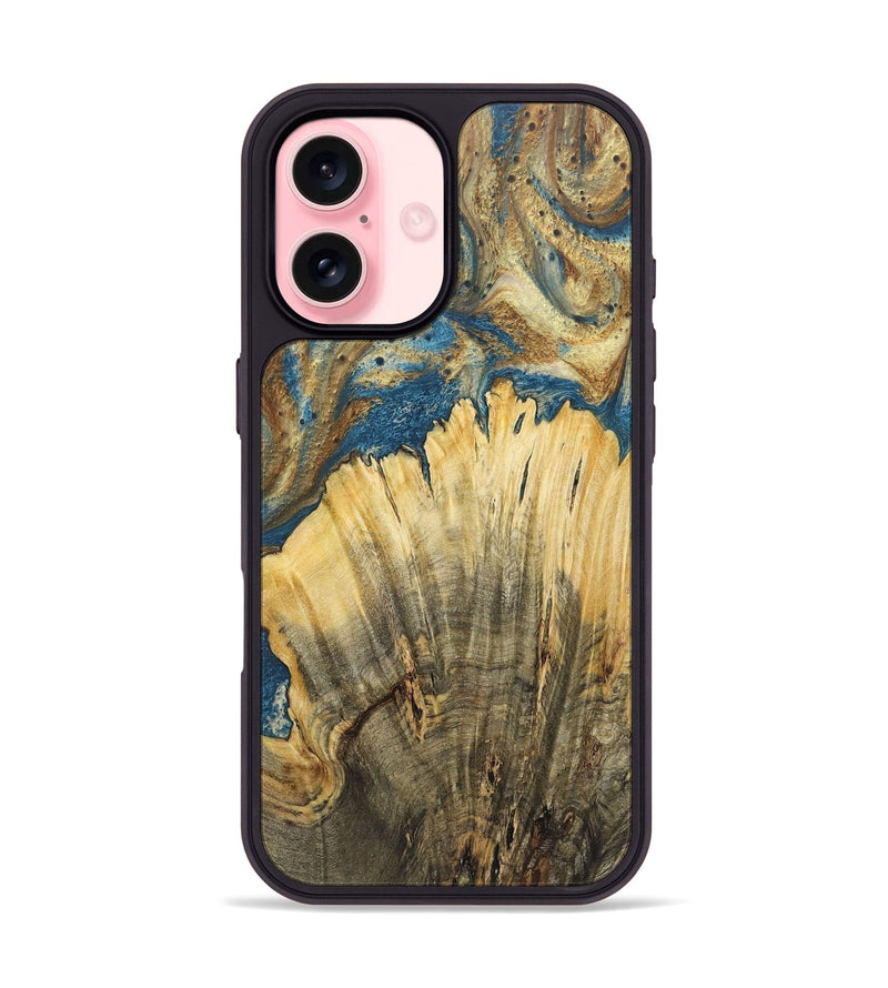 iPhone 16 Wood+Resin Phone Case - Amora (Teal & Gold, 718952)