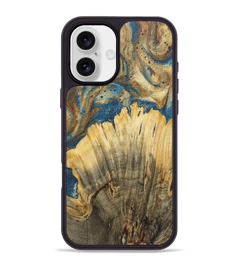 iPhone 16 Plus Wood+Resin Phone Case - Amora (Teal & Gold, 718952)