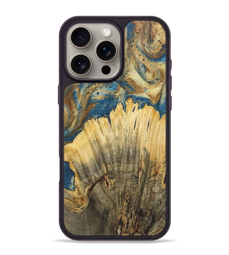 iPhone 16 Pro Max Wood+Resin Phone Case - Amora (Teal & Gold, 718952)