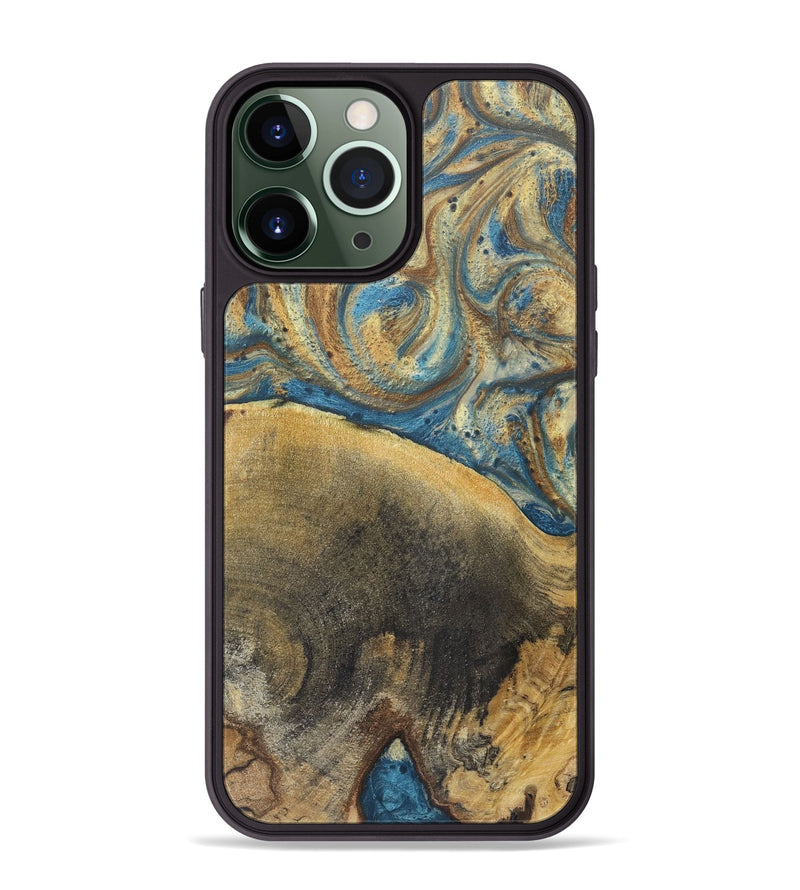 iPhone 13 Pro Max Wood+Resin Phone Case - Kerry (Teal & Gold, 718960)